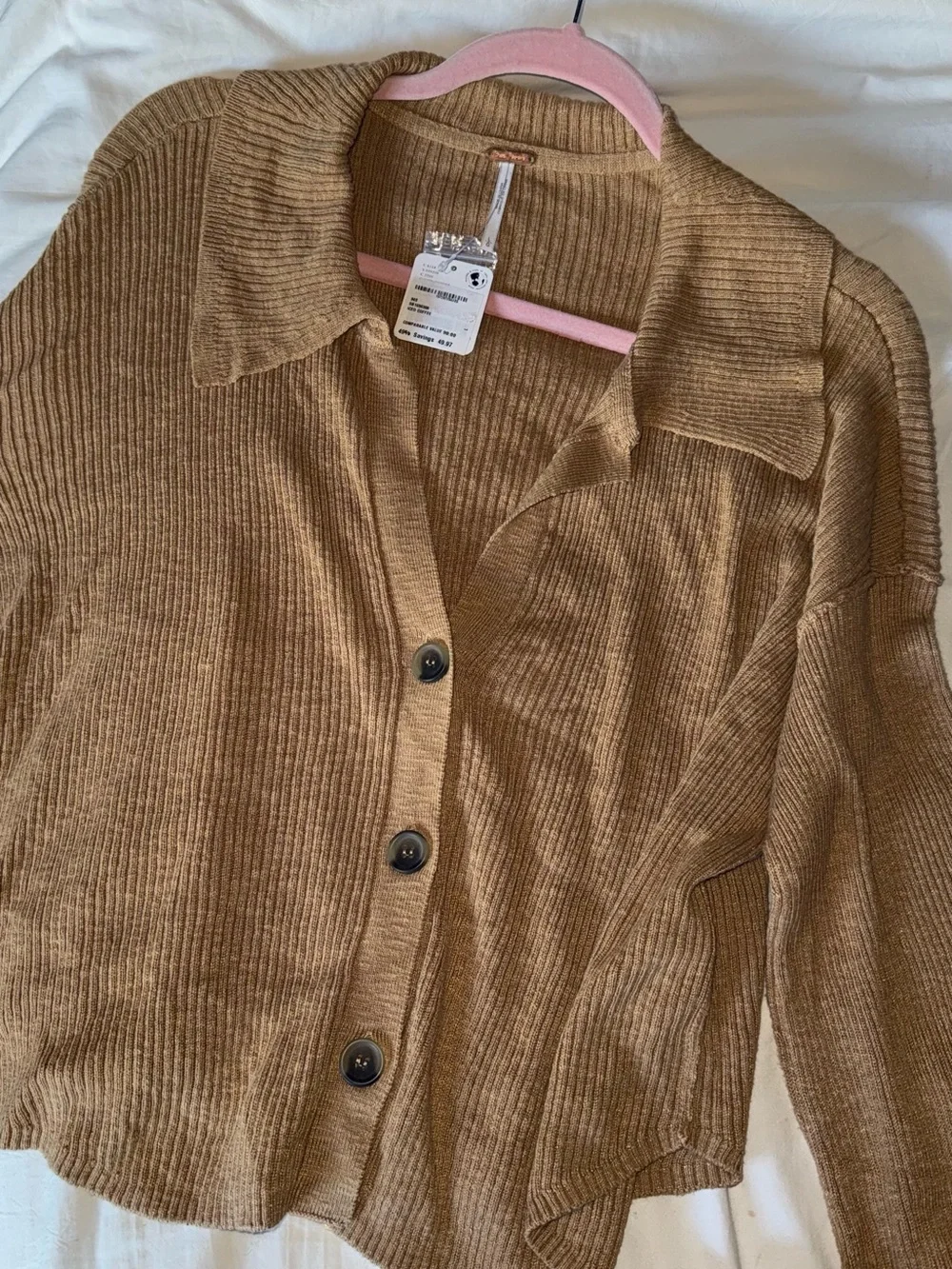 Cropped Button-Front Sweater - Tan